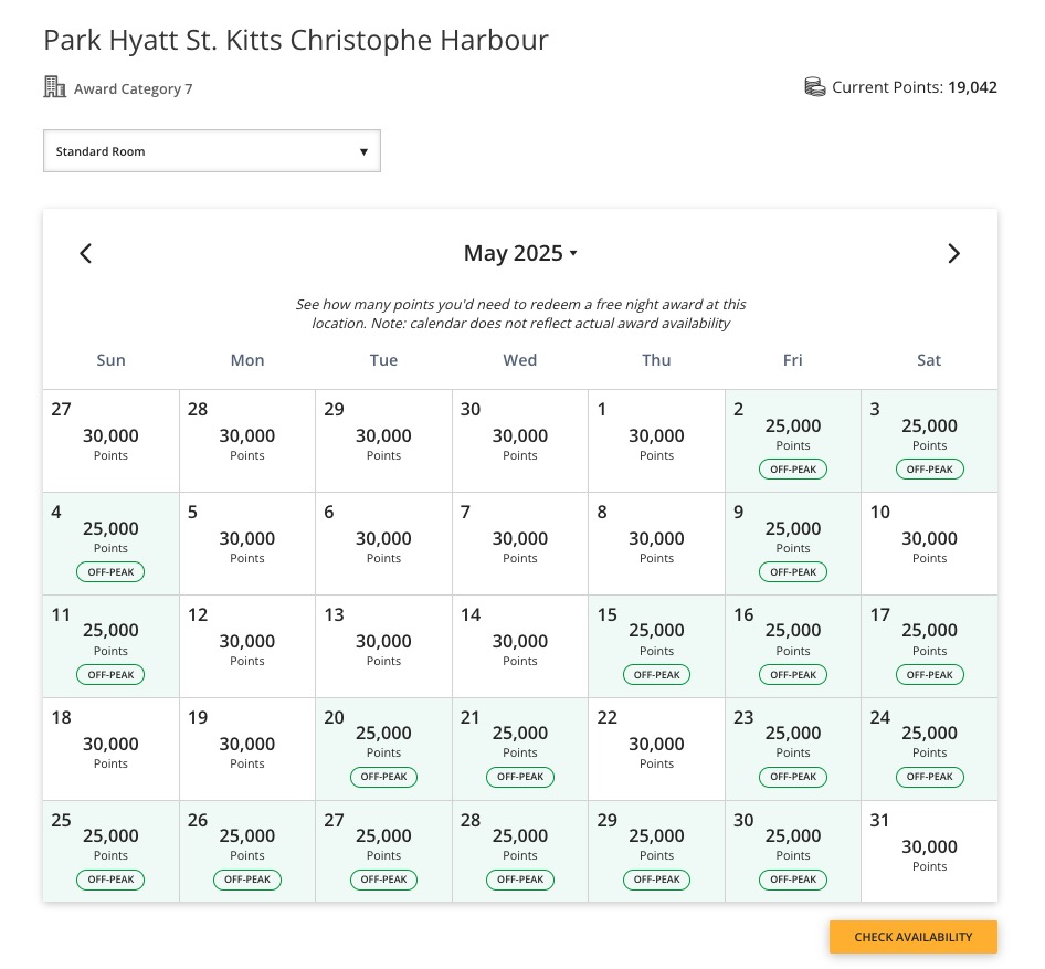 a month's worth of award availability at the Park Hyatt St. Kitts in May 2025
